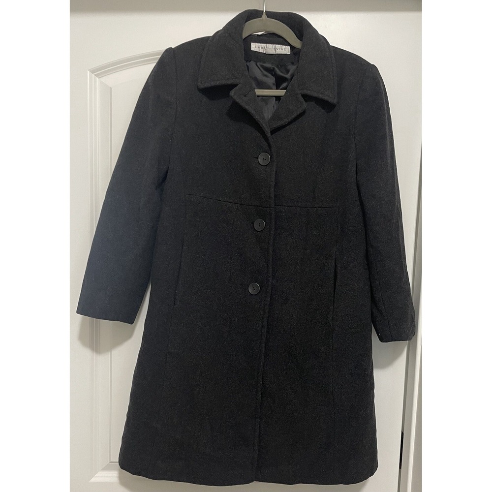 Larry Levine Coat Women 6P Black Wool Blend Mid-Length Collared Button Front